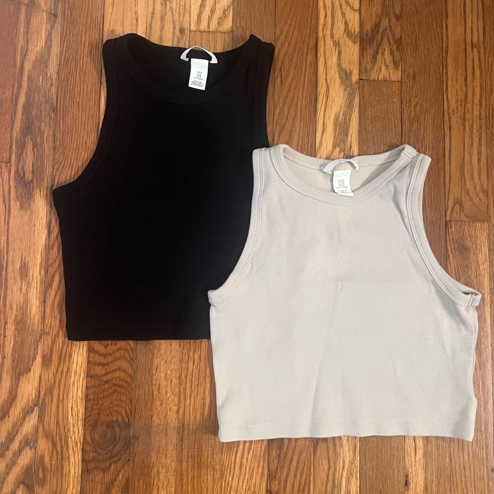 H&M 2 Pack Crop Ribbed Tanks - Black & Cream - Medium